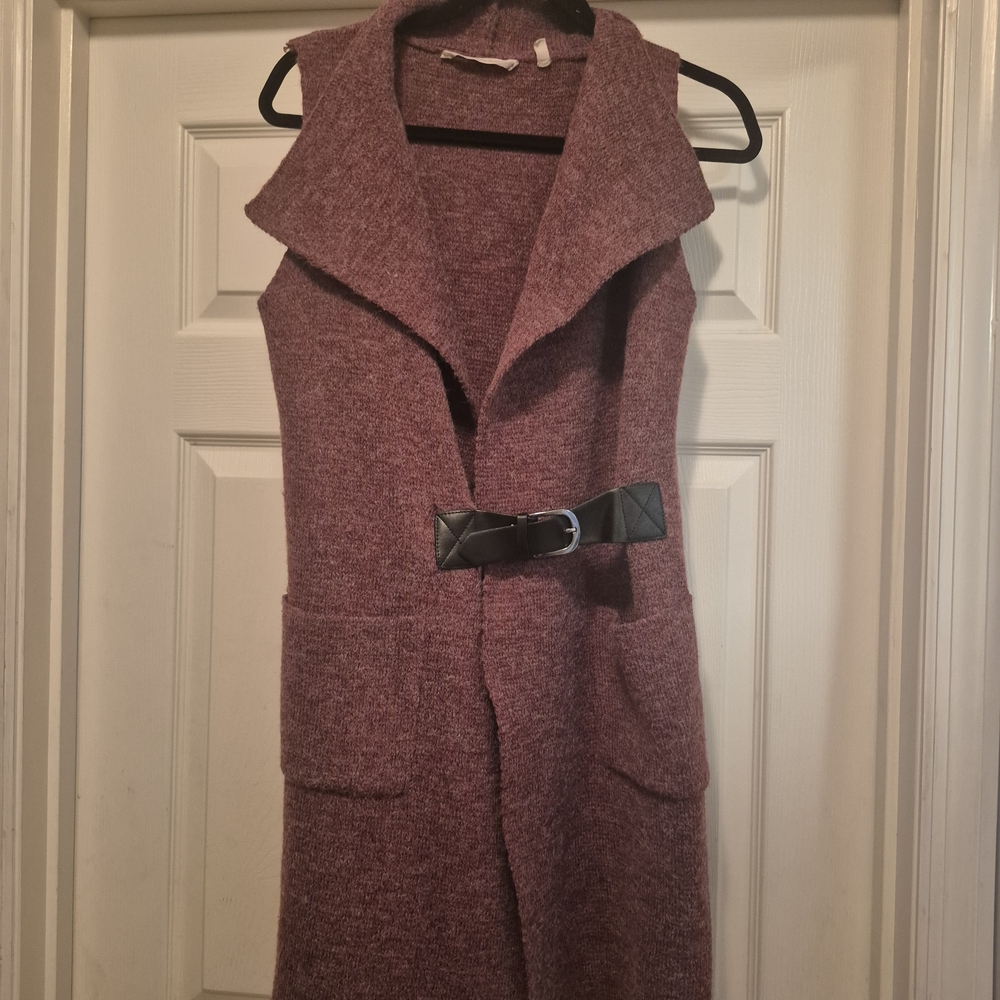 Soft Surroundings Marled Burgundy Solang Belted Long Cardigan Vest Size XS